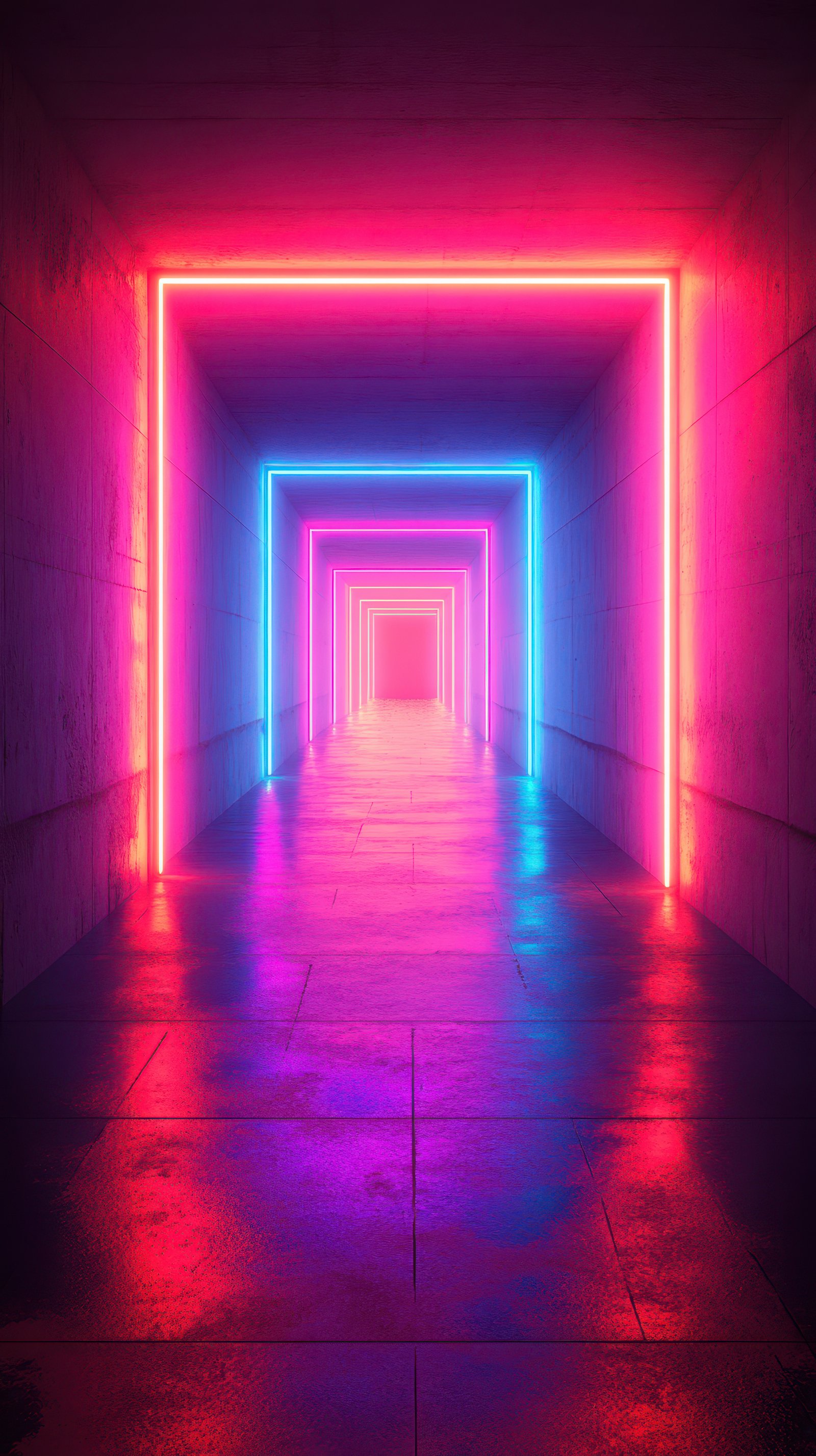 Neon hallway illuminates a futuristic corridor with vibrant lights and reflections at night